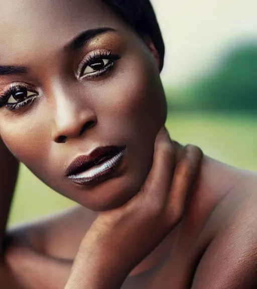 Image similar to vintage_closeup portrait_photo_of_a_stunningly beautiful_congolese_woman with amazing shiny eyes, hyper detailed by Annie Leibovitz