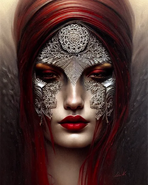 Image similar to portrait of a beautiful goddess, enigmatic beauty, dominant shades of black gold, silver, dark red, white, head in focus, fantasy art, ornamental aesthetics, intricate, elegant, highly detailed, hyperrealistic painting, artstation, concept art, painterly, sharp focus, illustration, art by karol bak