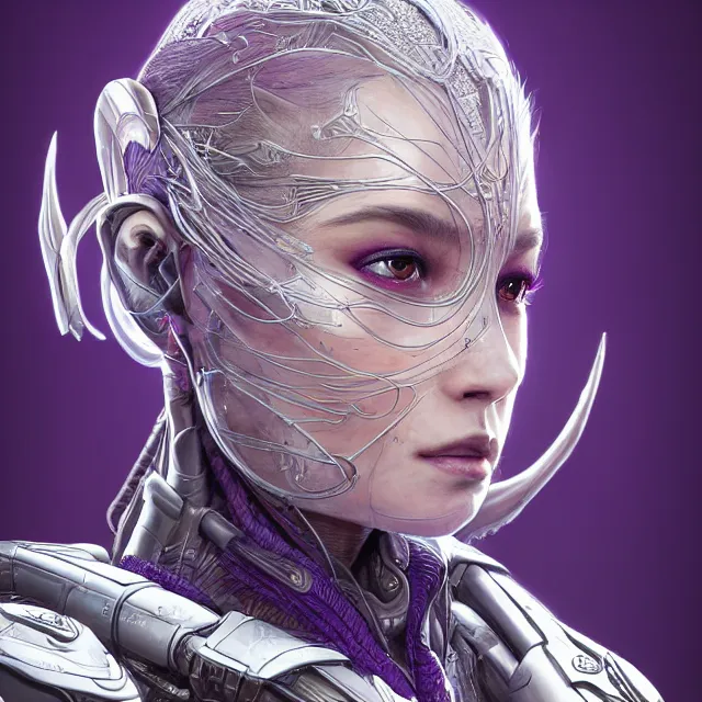 Image similar to close up portrait of a woman in powerful purple sci - fi armor with a black ponytail, elegant, stoic, intense, ultrafine hyperdetailed illustration by kim jung gi, irakli nadar, intricate linework, sharp focus, bright colors, octopath traveler, final fantasy, unreal engine 5 highly rendered, global illumination, radiant light, detailed, intricate environment