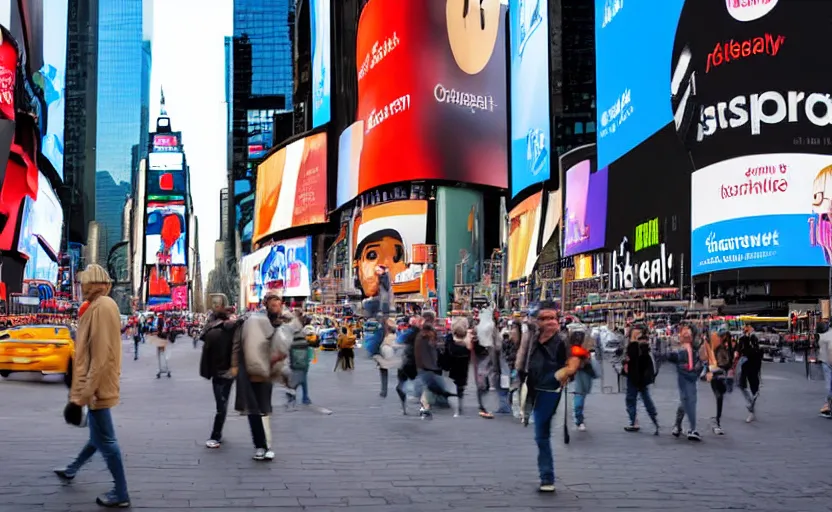 Image similar to a 2d sad emoji stock photo in Times Square, photograph