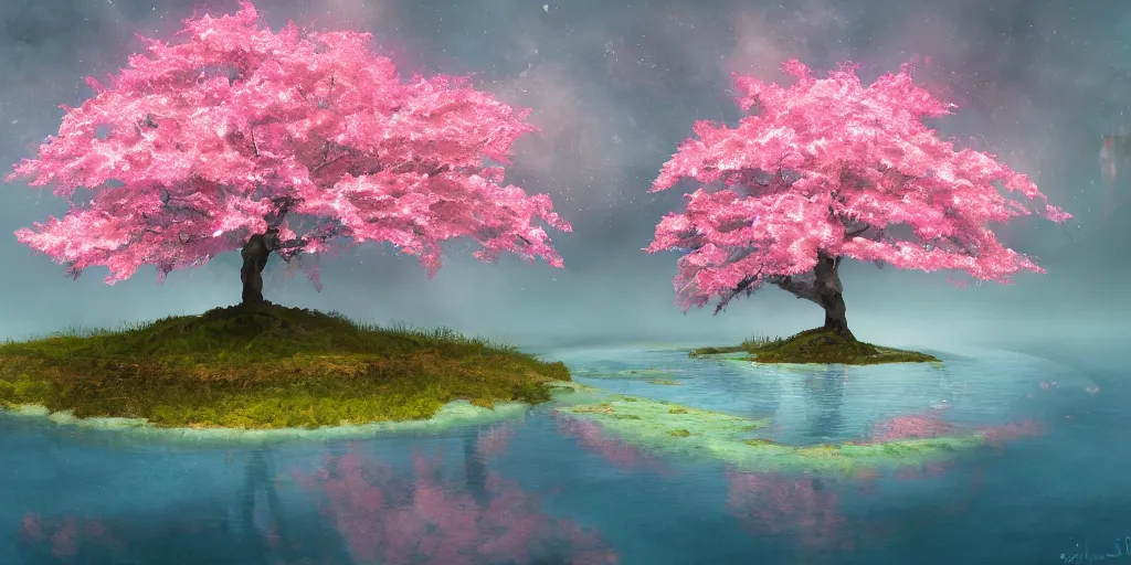 Image similar to a single sakura tree growing upon an island in a lake, illustration, light beams, digital art, oil painting, fantasy, 8 k, trending on artstation, detailed