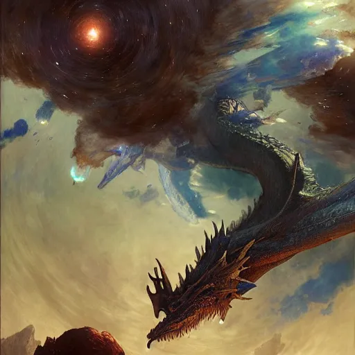 Prompt: Blue scaled dragon devouring an earth like planet in space, sun system, nebula, oil painting, by Fernanda Suarez and Edgar Maxence and Greg Rutkowski