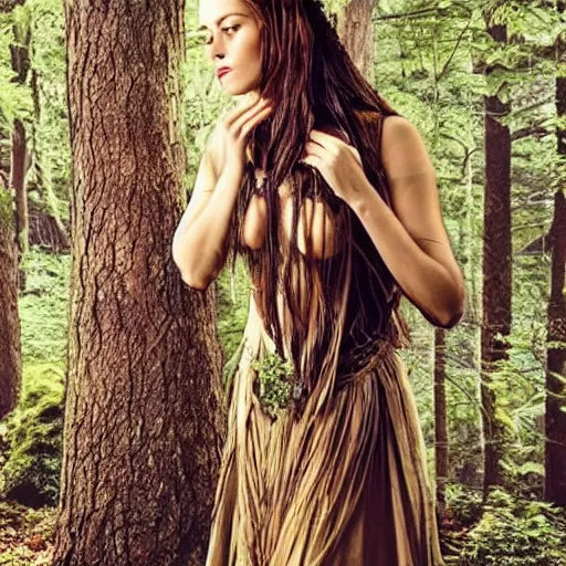 Prompt: a forest wood goddess, beautiful, protecting the forest, enchanting, lush, unique, amazing, realistic