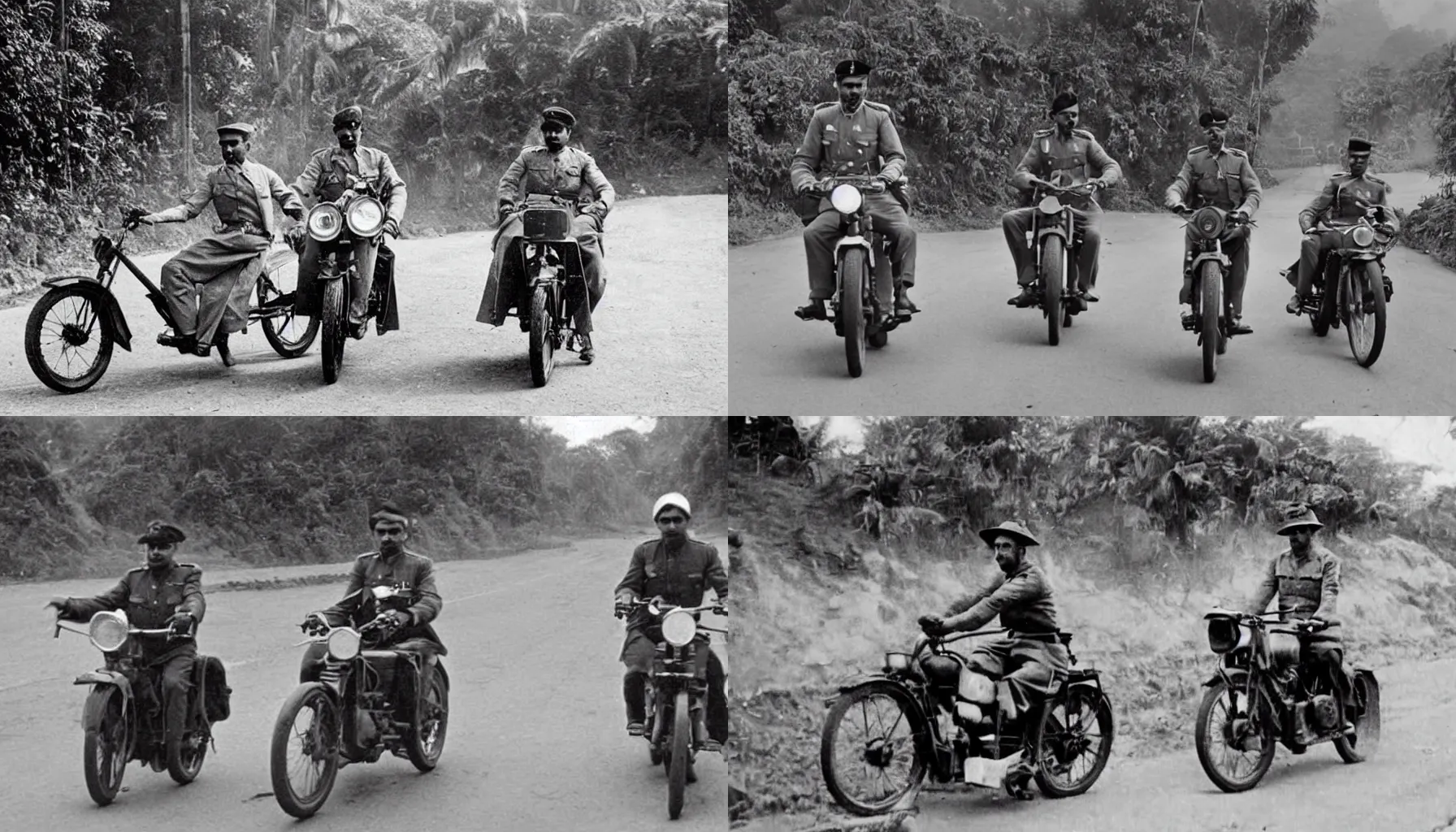 Prompt: a british officer in 1921, riding a motor cycle through a kerala road chasing a culprit, cinematic,