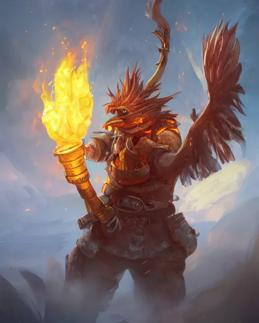 Image similar to Chicken, Anthropomorphized, holding flamethrower, raging, Golden city atmosphere, magic the gathering artwork, D&D, fantasy, cinematic lighting, centered, symmetrical, highly detailed, digital painting, artstation, concept art, smooth, sharp focus, illustration, volumetric lighting, epic Composition, 8k, art by Akihiko Yoshida and Greg Rutkowski and Craig Mullins, heroic pose, oil painting, cgsociety