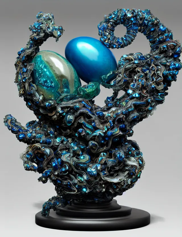 Image similar to a photo of a sculpture a winged serpent child made from blue and emerald and amethyst crystal geode formations encircling a marble egg on a base of obsidian made with liquid gold tendrils flowing by ellen jewett by stanisław szukalski, octane render, recursive, tendrils, elestial crystals, geode, refracted light