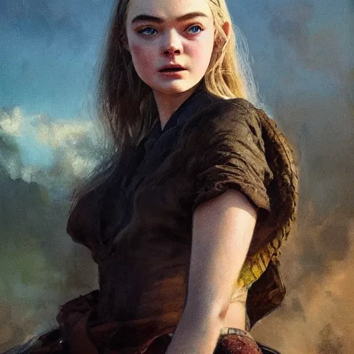 Image similar to ultra realistic portrait painting of elle fanning, ana de armas, anya taylor - joy as a western outlaw, art by frank frazetta, 4 k, ultra realistic, highly detailed, epic lighting