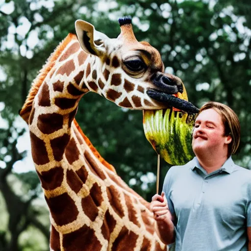 Image similar to a Giraffe-Pug Hybrid, A Giraffe that looks like a pug, huge tusks, afternoon hangout, good times photograph, candid