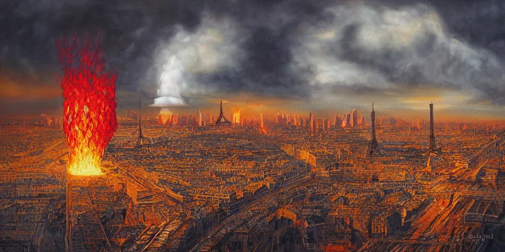 Prompt: a beautiful painting of massive nuclear strike on Paris by Andreas Marschall, nuclear mushroom, fire, panic, dark, clouds, 8k, high detail, advanced rendering whimsically designed art, 4k post-processing highly detailed, Soft illumination