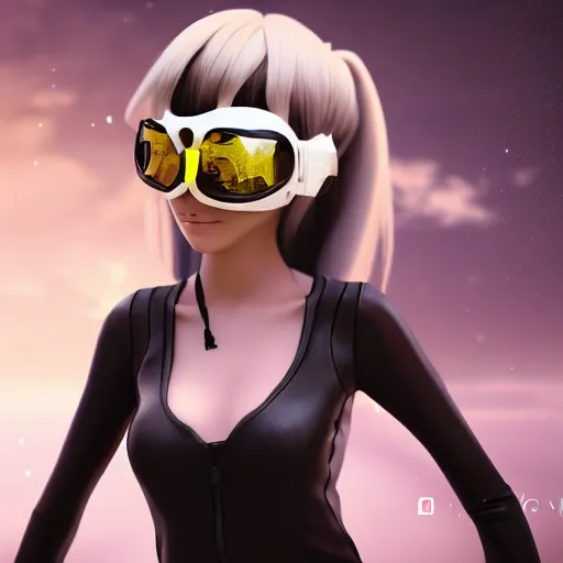 Image similar to photo of beautiful anime girl artist on a white background wearing black big goggles, 4K, redshift render, unreal engine, trending on artstation, depth of field