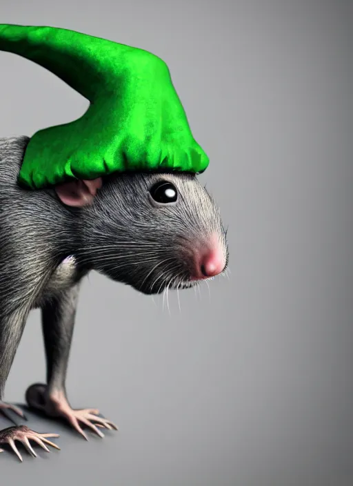 Image similar to gray rat standing on two legs, wearing jewelry, green eyes, tricorne hat, green robe, D&D, digital art, realistic, trending on artstation, 4k