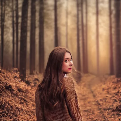 Image similar to real life photo of a beautiful girl, full body photoshoot, long brown hair, brown eyes, full round face, short smile, sweater, forest setting, cinematic lightning, medium shot, mid - shot, highly detailed, trending on artstation, unreal engine 4 k, 8 0 mm, 8 5 mm, cinematic wallpaper