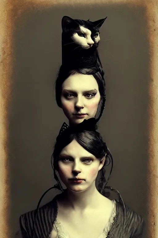 Image similar to wet plate photograph portrait of a victorian woman who has a cat head for her head, dressed in a victorian - era clothing, dramatic lighting, highly detailed, digital painting, artstation, concept art, smooth, sharp focus, illustration, art by wlop, mars ravelo and greg rutkowski