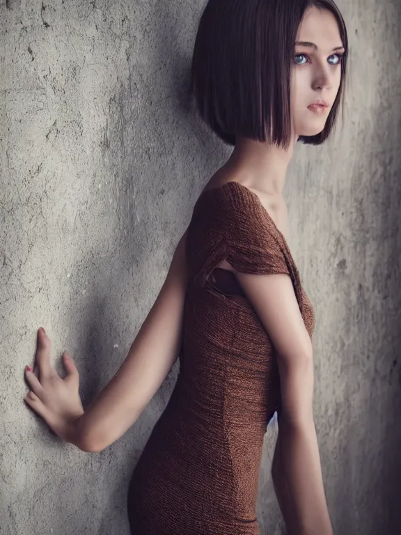 Image similar to hyperdetailed photo of a beautiful ukrainian girl with brown eyes and dark bob hairstyle, winds of winter, in a tight dress, cinematic lighting, studio quality