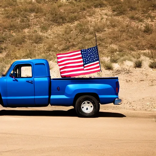 Image similar to photo of blue pickup truck with american flags, there are very attractive woman in the back of the truck whering bikinis.