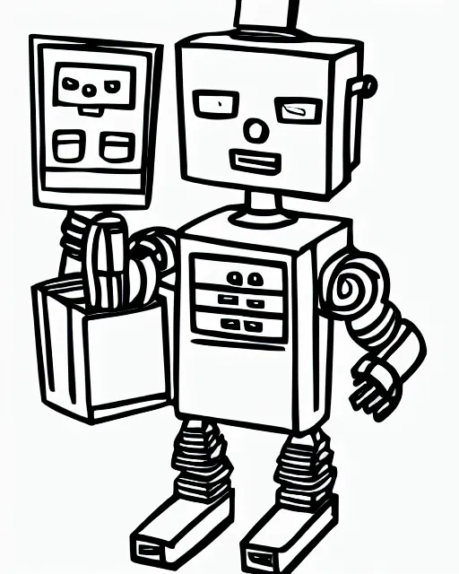 Prompt: robot carrying groceries, coloring book, line art, simple, low detail