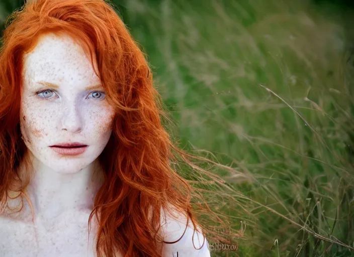 Image similar to award winning 8 5 mm close up face portrait photo of a redhead with wavy long hair and freckles in a park by luis royo.