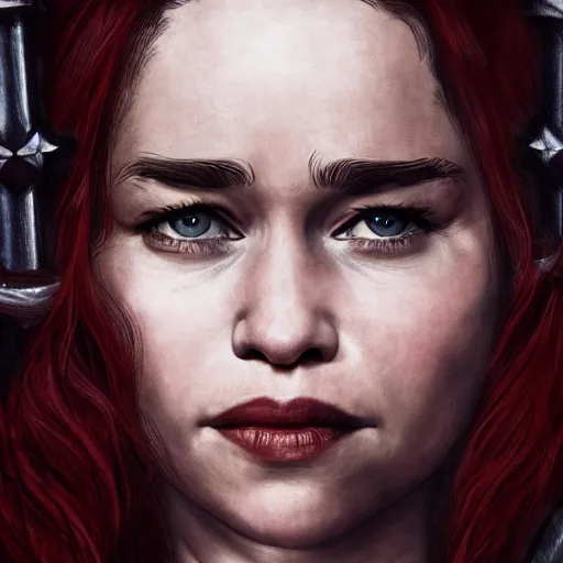 Image similar to emilia clarke, as a medieval fantasy character, with dark reddish hair, wearing light, silver armor and red clothing, tan complexion, holding a longsword, neutral expression, noble, cinematic, dark, realistic, digital art, 8 k