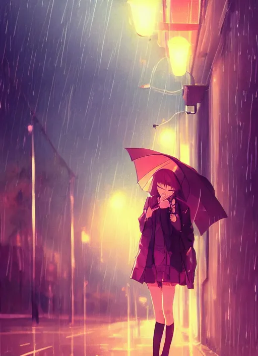 Image similar to listening to music at 2 am, night, pretty girl, pose, rain, lofi, lofi, peaceful, street light, anime key visual, poster, street wears, anime, by rossdraws, high quality, 4 k, trending, trending on artstation