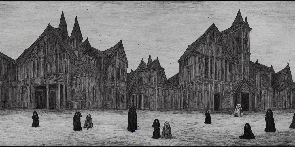 Prompt: house hall with 1 0 old women wearing black hooded cloaks, evil, black and white, lurking, looking at the camera, fear, dramatic lighting