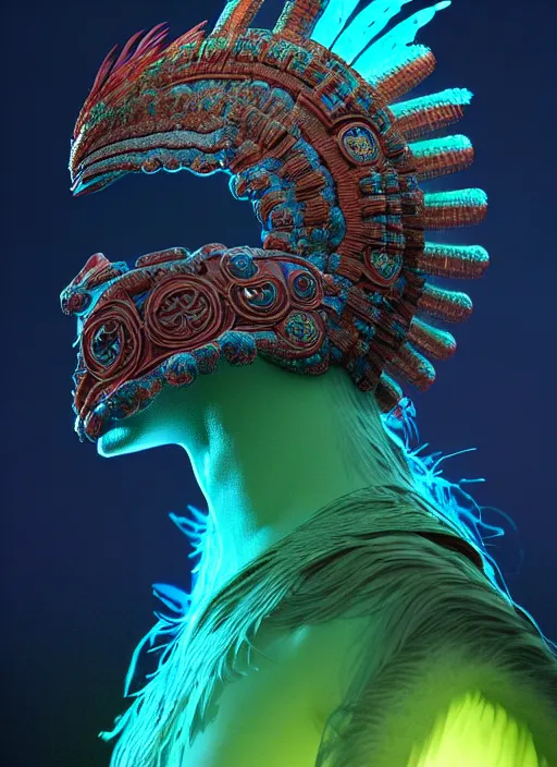 Image similar to 3 d mexican goddess profile portrait. beautiful intricate highly detailed quetzalcoatl helmet and feathers. low - key lighting, bioluminescent, plasma, lava, ice, water, wind, creature, thunderstorm! artwork by tooth wu and wlop and beeple and greg rutkowski, 8 k trending on artstation,