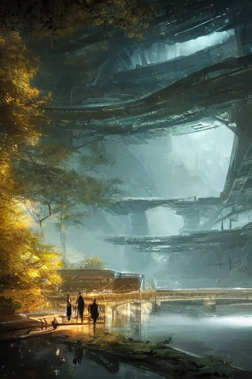 Image similar to magnificent clean and well-lit sci-fi facility by a river and forest, intricate, elegant, volumetric lighting, digital painting, highly detailed, artstation, sharp focus, happy mood, illustration, concept art, ruan jia, steve mccurry