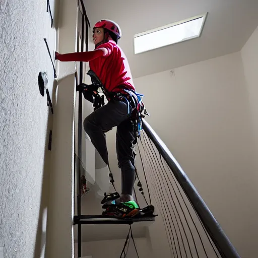 Image similar to A climbing expedition climbing the stairs of a regular apartment building. They are using ropes, pickaxes and other professional climbing gear in order to climb the stairs. Photograph, f/8, room lighting, indoor