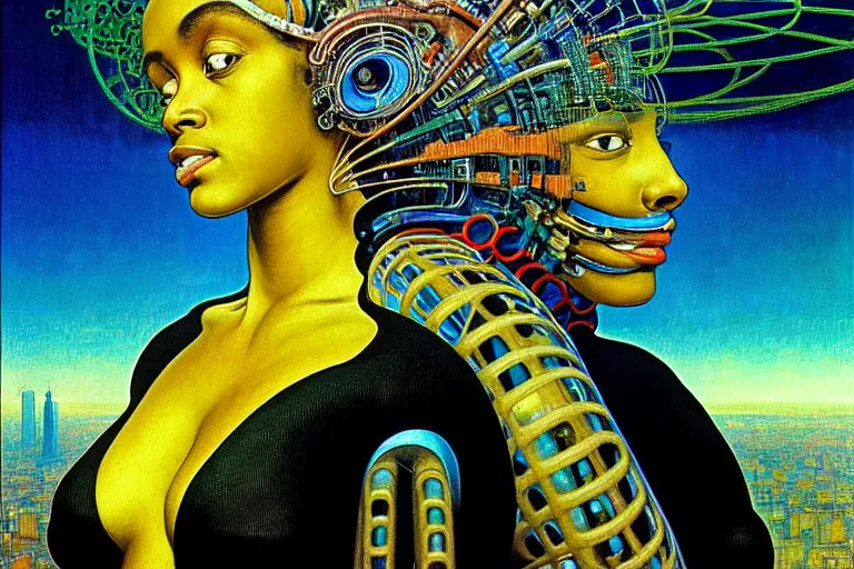 Image similar to realistic extremely detailed closeup portrait painting of a beautiful black woman in a dress with supercomputer robot, city street on background by Jean Delville, Amano, Yves Tanguy, Ilya Repin, Alphonse Mucha, Ernst Haeckel, Edward Hopper, Edward Robert Hughes, Roger Dean, rich moody colours