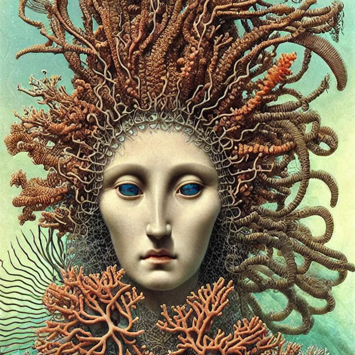 Prompt: realistic detailed face portrait of the goddess of the deep waters with an intricate headdress of corals, sea kelp, sea plants, fish, jellyfish, art by ernst haeckel, archimboldo, face in focus, neo - gothic, gothic,