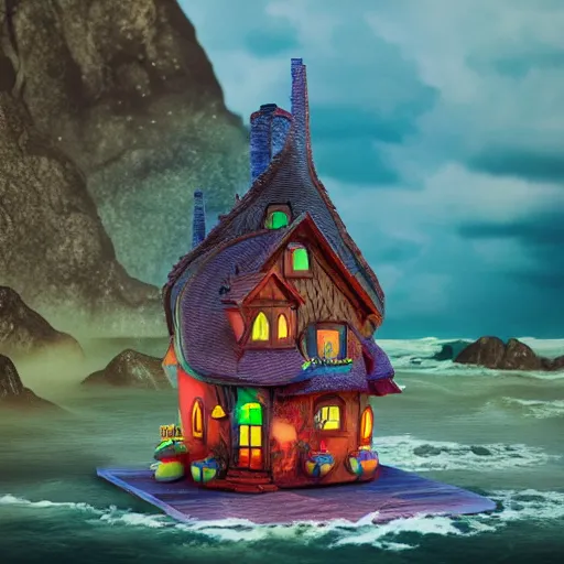 Image similar to a witches house made out of candy, on the ocean, epic scene, fantasy, redshift render, cgi, hyper - detailed, photo - bash, 8 k post - production, masterpiece