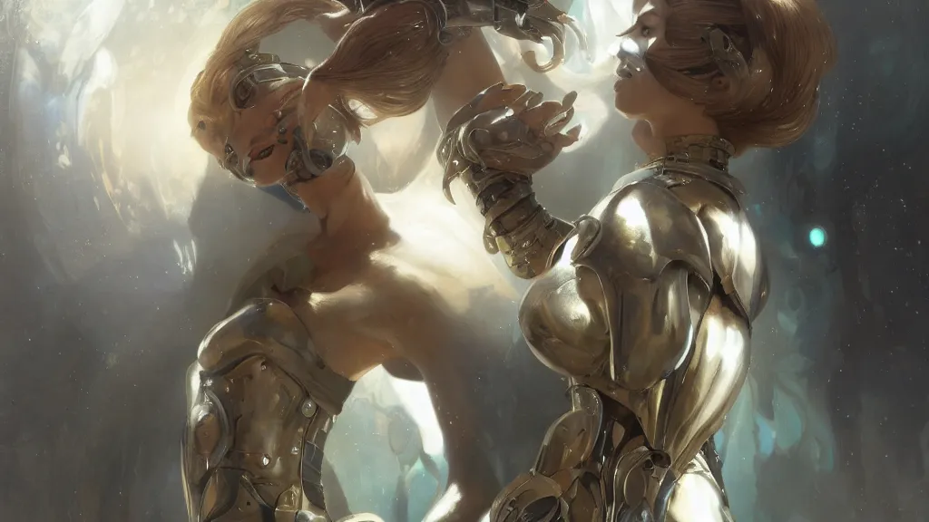 Image similar to modern elegant female cyborg greek goddess, space opera, feminine, powerful, beautiful, upper body, muscular, armour, highly detailed, digital painting, ghibli animated film, volumetric lighting, octane render artstation, concept art, smooth, sharp focus, illustration, by gaston bussiere, mucha, gerome, craig mullins, greg rutkowski, john singer sargent