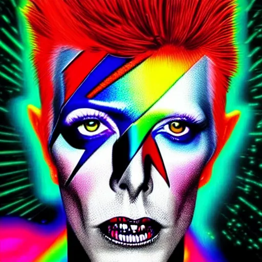 Prompt: very beautiful maximalist portrait painting of a industrial goth david bowie in a blend of manga - style art, augmented with vibrant composition and color, all filtered through a cybernetic lens, by hiroyuki mitsume - takahashi, pastel colors