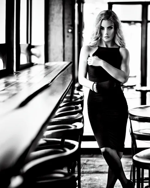 Prompt: femme fatale in a black revealing dress, at a quiet english bar, dramatic lighting, photography, Canon 5D, 50mm f/1.4, high quality, award winning