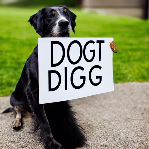 Image similar to professional photo of a dog holding a sign that says dog written on the sign