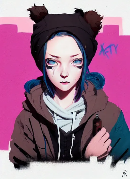 Image similar to highly detailed portrait of a urban punk lady student, blue eyes, hoodie, white hair by atey ghailan, by greg rutkowski, by greg tocchini, by james gilleard, by joe fenton, by kaethe butcher, gradient black, brown and pink color scheme, grunge aesthetic!!! ( ( graffiti tag wall background ) )