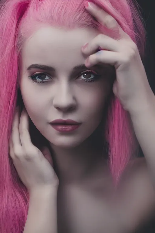 Prompt: a woman with pink hair is posing for a picture, a portrait by Valéria Dénes, pexels contest winner, neo-dada, studio portrait, sensual, hd