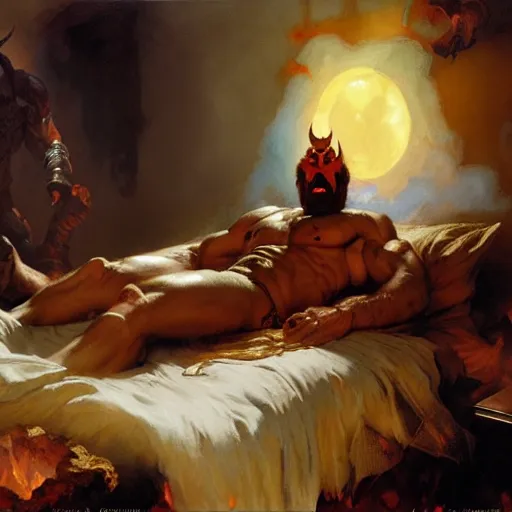 Image similar to chuck norris is in his bed, nervous and terrified, because a double horned shadow figure from hell is attacking him. highly detailed painting by gaston bussiere, j. c. leyendecker, greg rutkowski, craig mullins 8 k