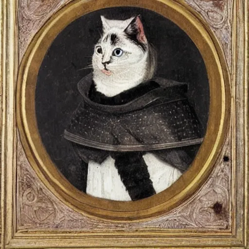 Image similar to medieval portrait of a black and white cat dressed as a knight, in the style of eugene de blaas