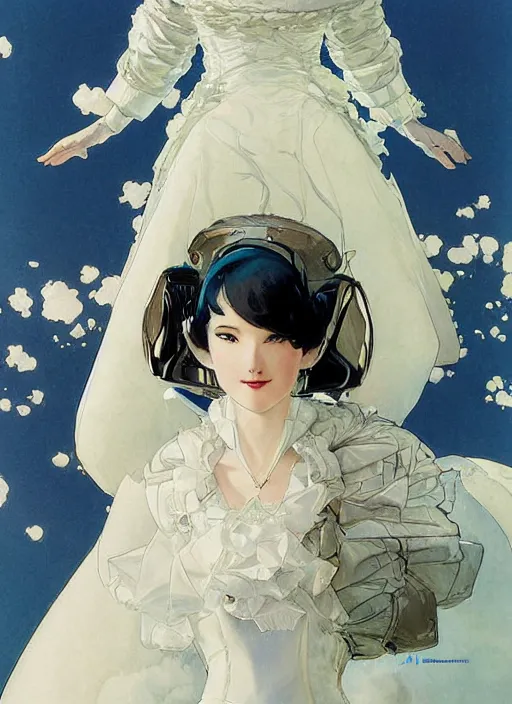 Prompt: a low angle copic maker art nouveau portrait of anime girl detailed features wearing a puffy futuristic wedding dress designed by balenciaga by john berkey, norman rockwell akihiko yoshida