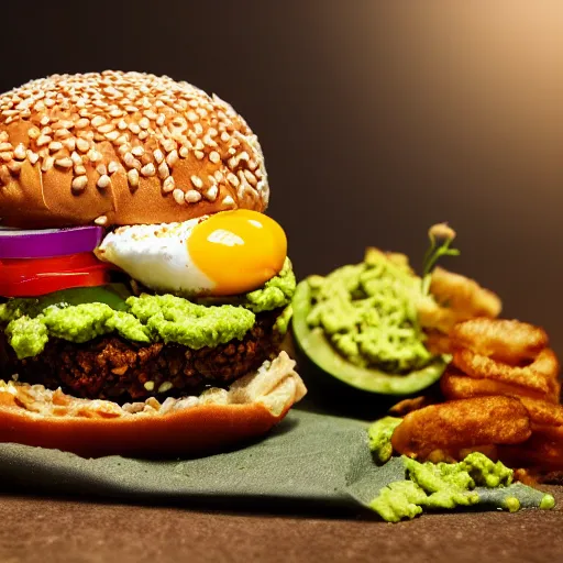 Prompt: vegan hamburger with guacamole topping crispy fried onion topping and fried egg topping, crispy buns, side view, 3 toppings, 8 k resolution, studio lighting, sharp focus, hyper - detailed