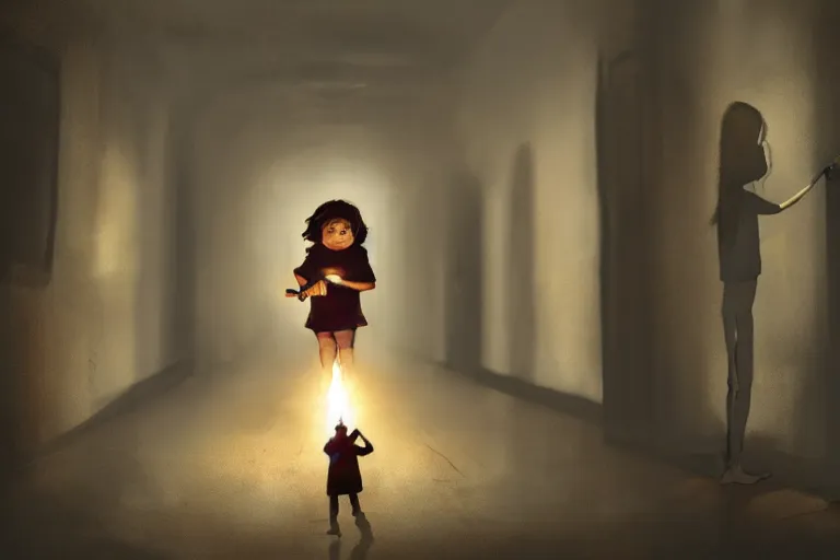 Image similar to art of a small child carefully holding a torch through a hallway filled with nightmarish monsters