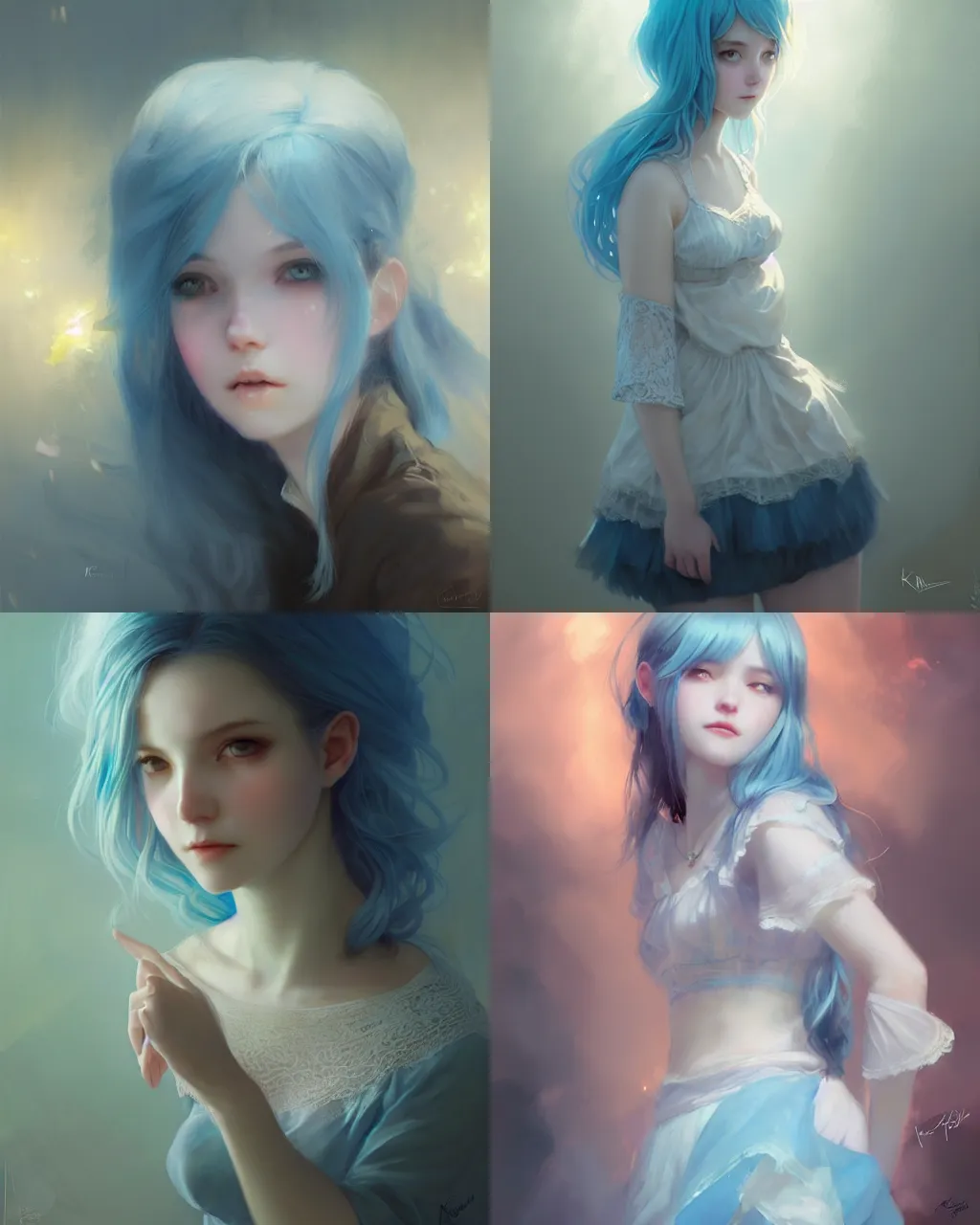Prompt: girl with light blue hair and lace skirt, portrait, illustration, rim light, top light, perfectly shaded, soft painting, art by krenz cushart and wenjun lin