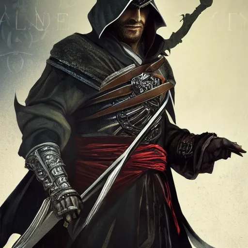 Image similar to an ultra detailed vector image of ezio auditore dressed as the hunter from bloodborne, concept art by alphonse mucha and greg rutkowski, praise the blood moon, octane render, liminal space