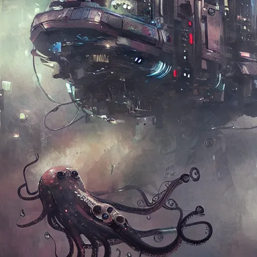 Prompt: octopus in space, cyberpunk, realistic, detailed, Industrial Scifi, paint, watercolor, in the style of Ashley Wood and Wadim Kashin