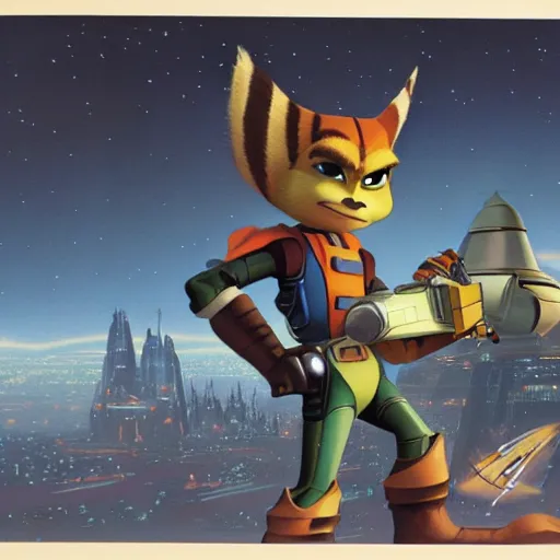 Image similar to ralph mcquarrie concept art for ratchet & clank