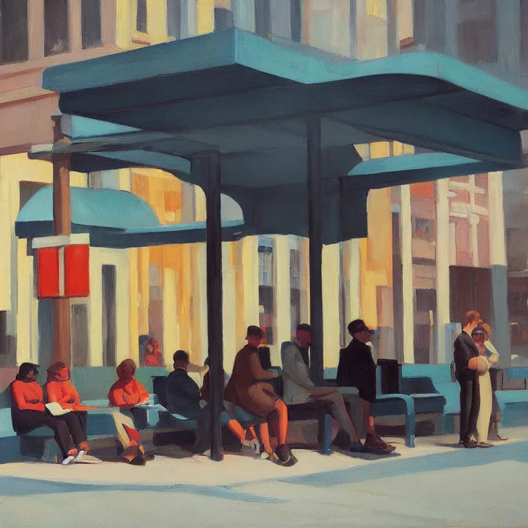 Image similar to a few people waiting at a bus stop in a quiet downtown, painted by Edward Hopper and James Gilleard, oil painting