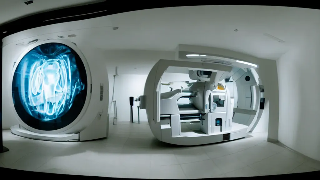 Image similar to an mri image open mri machine portal in the living room, film still from the movie directed by denis villeneuve with art direction by salvador dali, wide lens