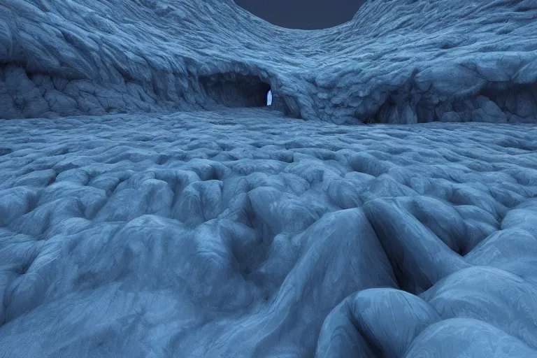 Image similar to a hd render of a surreal frozen landscape, by beeple and zdzisław beksinski, blue color scheme