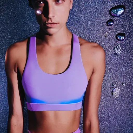 Prompt: flume and former cover art future bassgirl unwrapped statue bust petite lush body photography model water droplets futuristic material gymwear sports bra style of Jonathan Zawada and Thisset