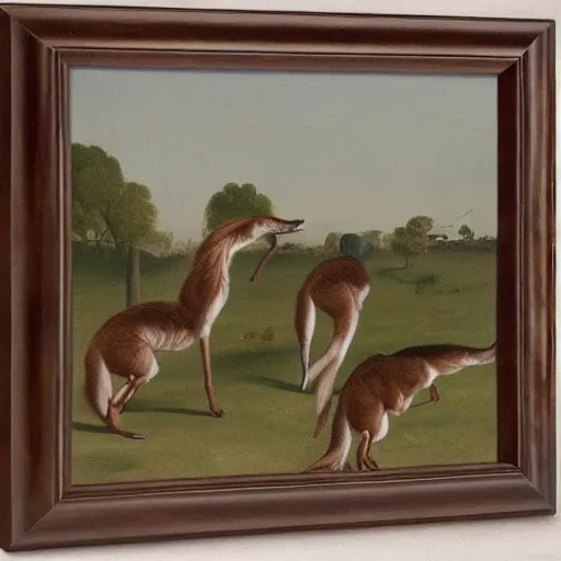 Image similar to group of long necked fox wolf rats wearing clothes, by george stubbs, oil painting